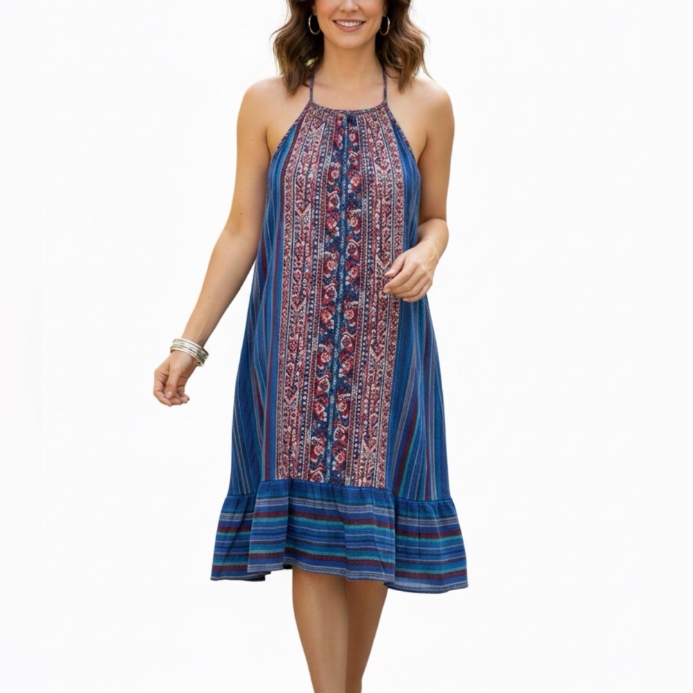 Monteau Boho Blue Stripe Mini Dress